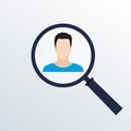 Man face flat icon with magnifying glass. Customer target and human resources concept. Vector illustration Royalty Free Stock Photo